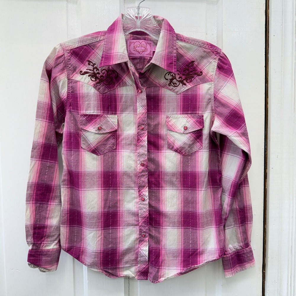 Cowgirl Hardware Western Pearl Snap Pink Plaid Embroidered Shirt Girls Large